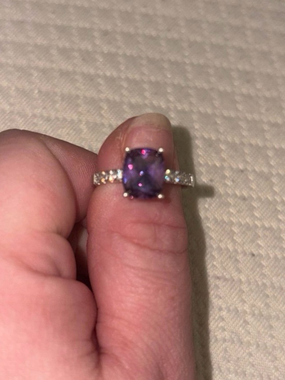 Natural Purple Amethyst Ring with Pavé Band In Sterling Silver